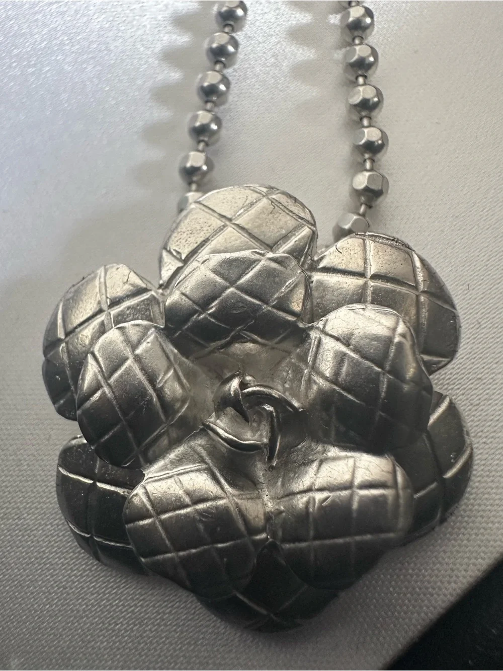 Vintage CHANEL 98A Silver Quilted Camellia CC Necklace 16” Box